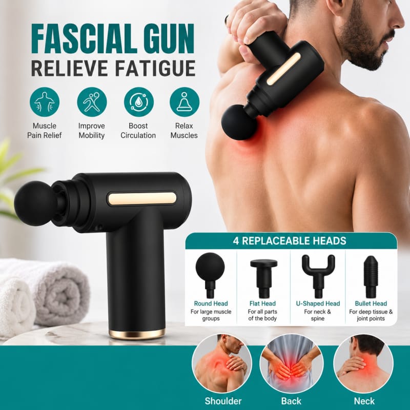 5-in-1 Electric Massage Gun | Deep Tissue Muscle Massager | 6 Speed Levels | 4 Massage Heads